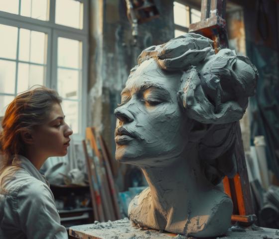 Decorative image - A female artist examines a large clay sculpture in her atmospheric art studio, surrounded by paintings and tools of her craft.